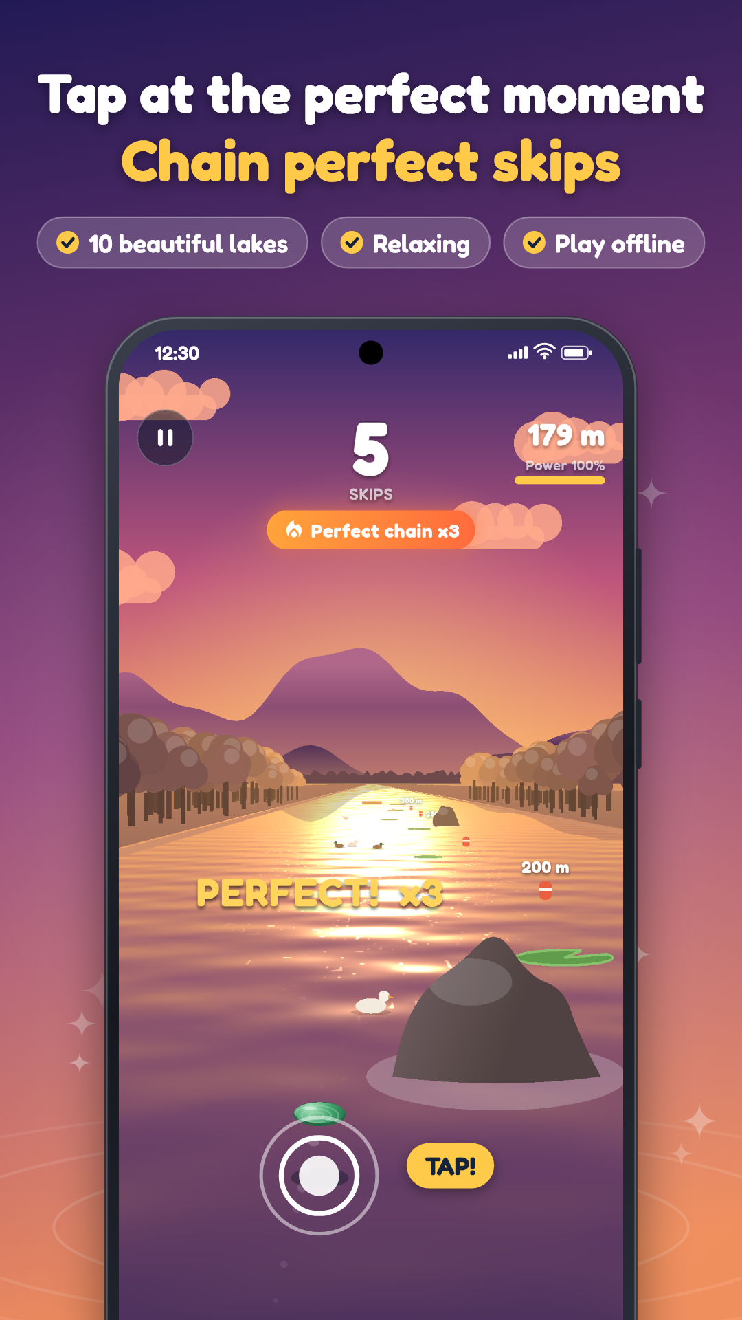 Stone Skipping screenshot: chaining perfect skips at sunset