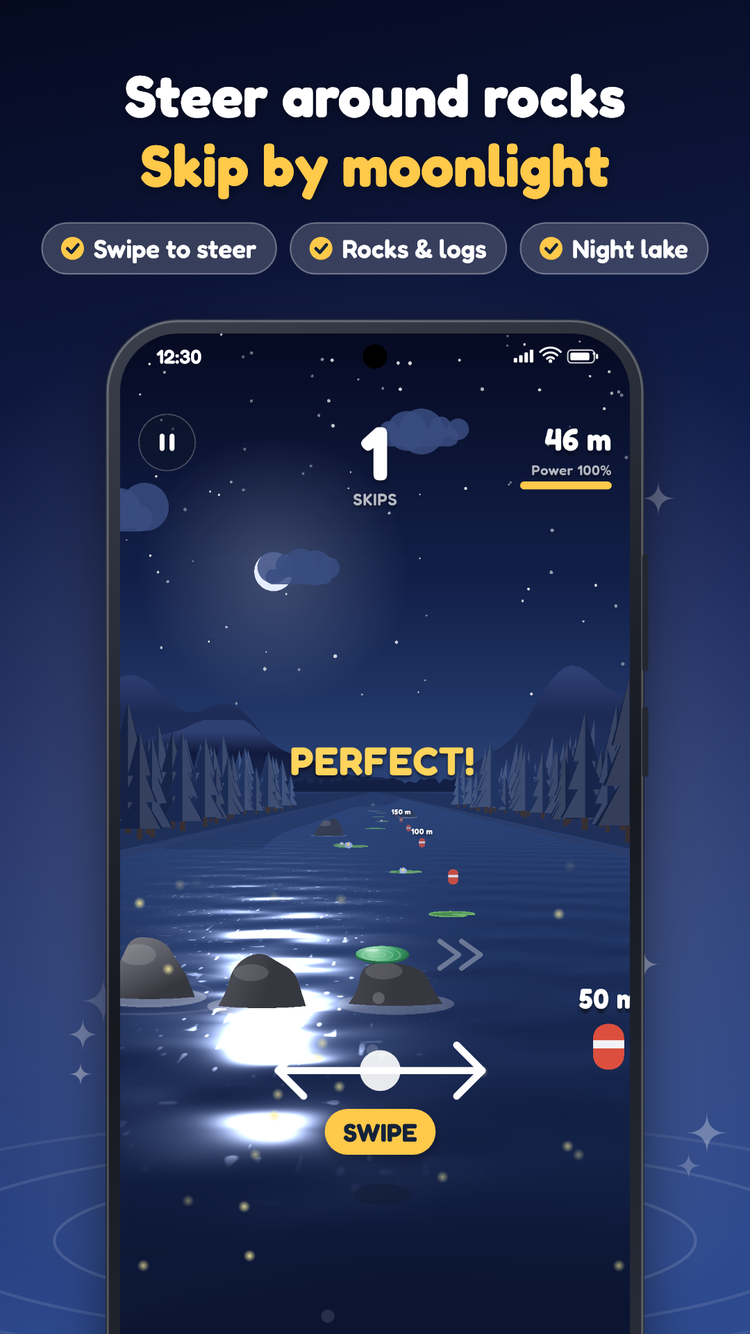 Stone Skipping screenshot: steering around rocks on a moonlit lake
