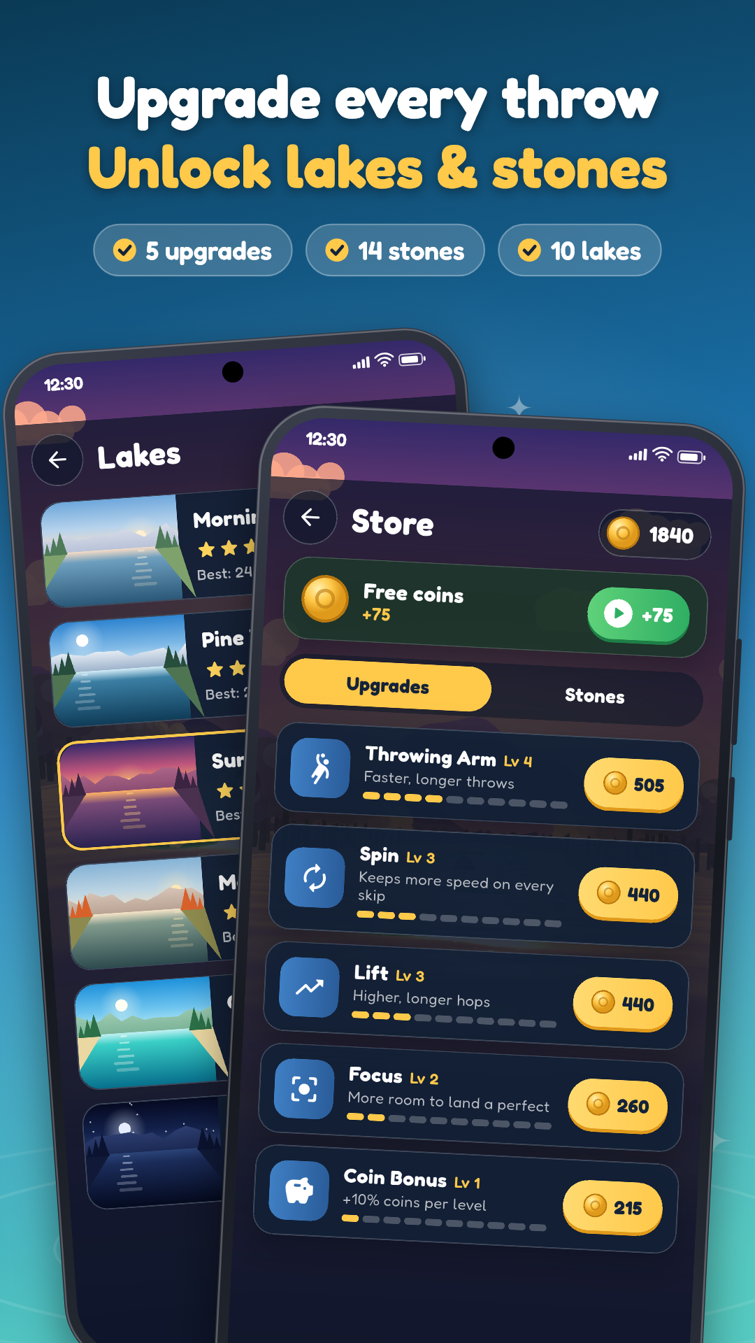 Stone Skipping screenshot: lakes and upgrade store